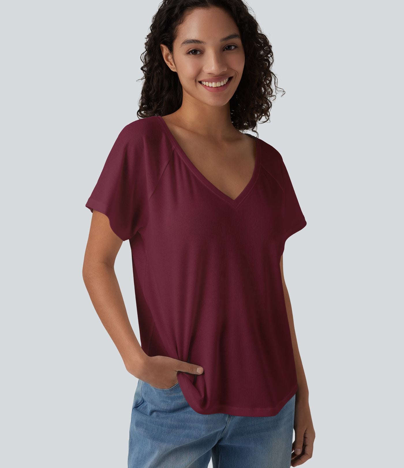 T-shirt casual col V manches raglan courtes coupe ample