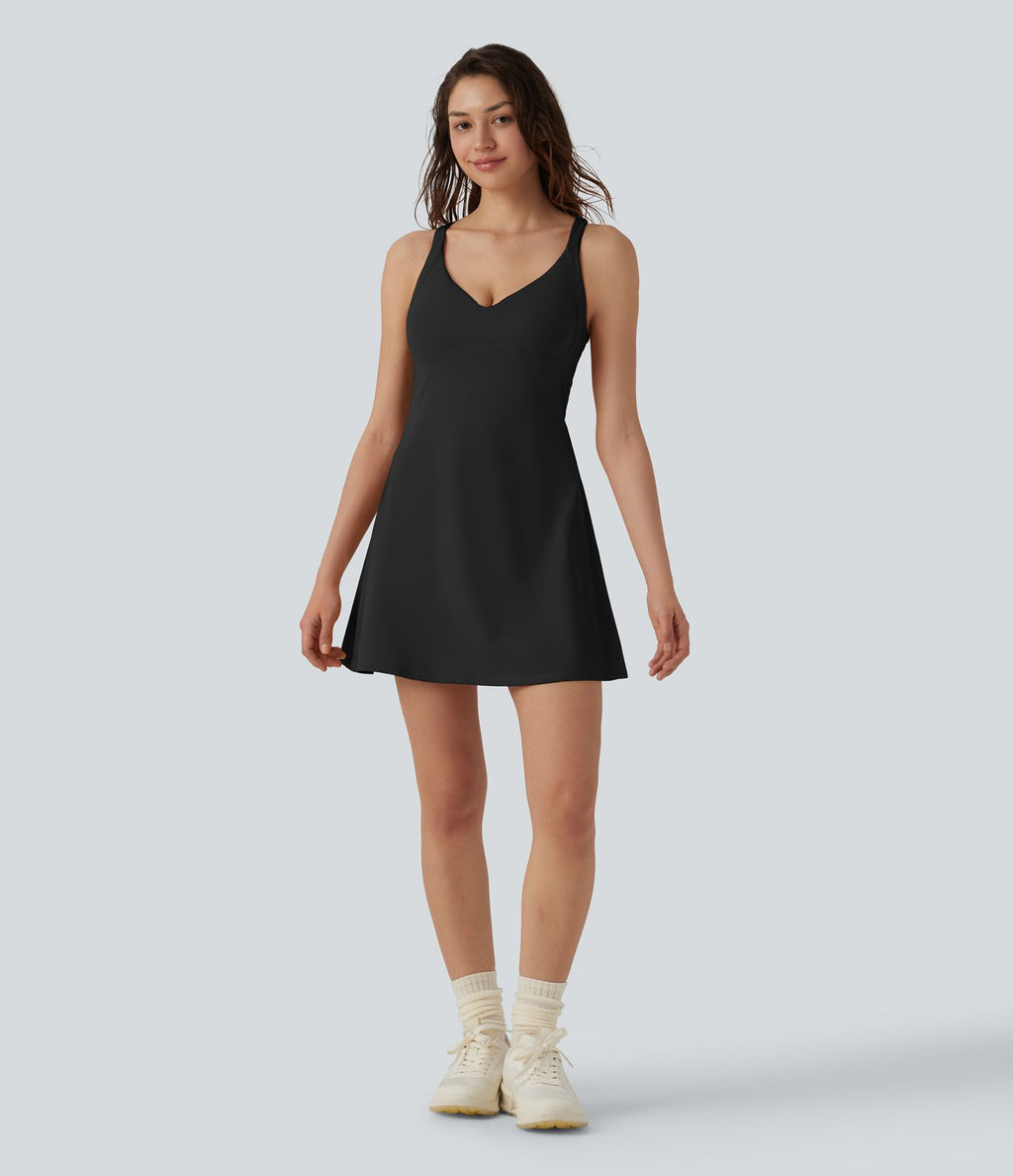 Robe sport danse mini 2-en-1 col V dos nu SoftlyZero™ Plush avec poches - Édition Easy Peasy