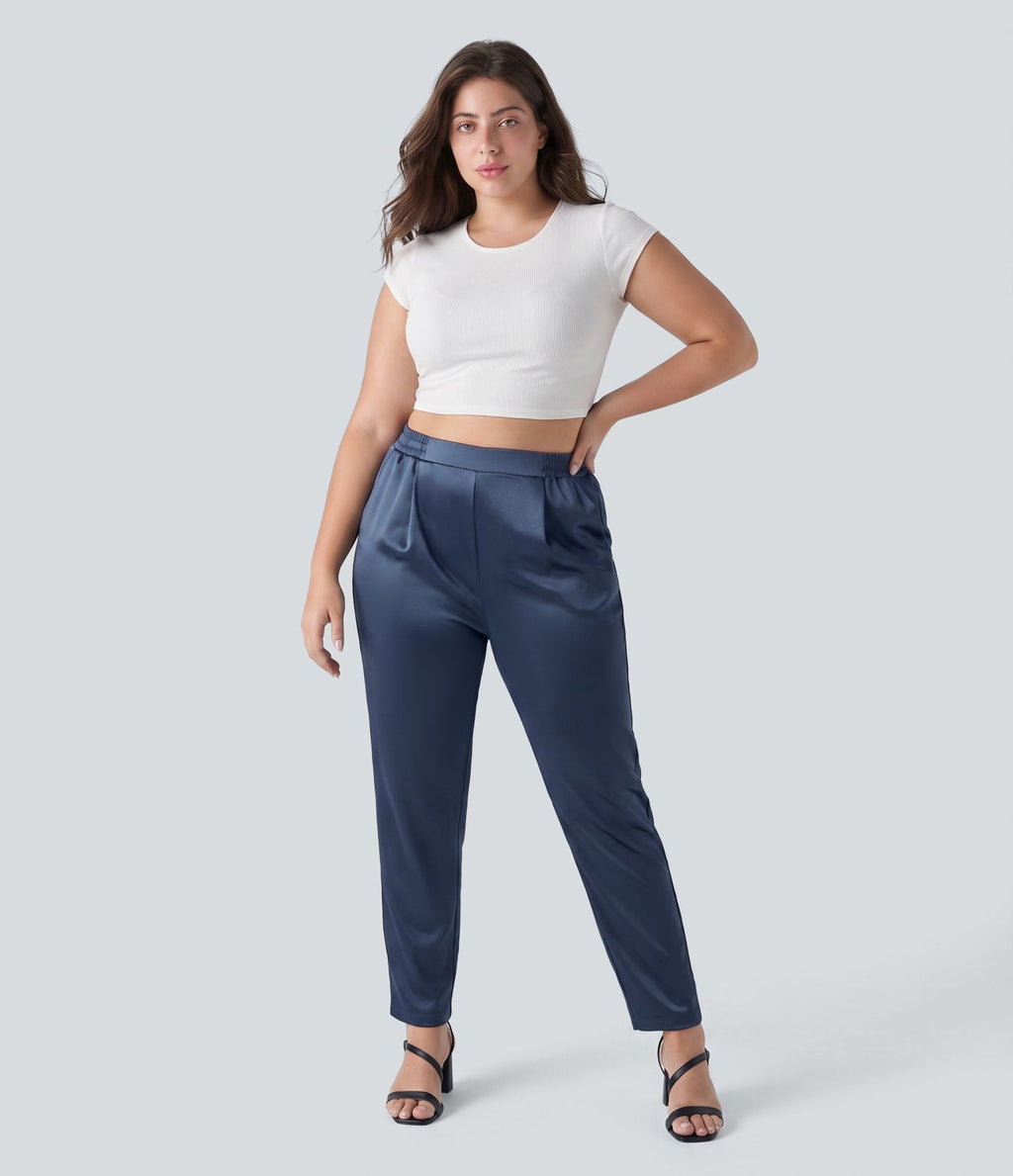 Pantalon tailleur fuselé en satin taille haute grande taille avec poches