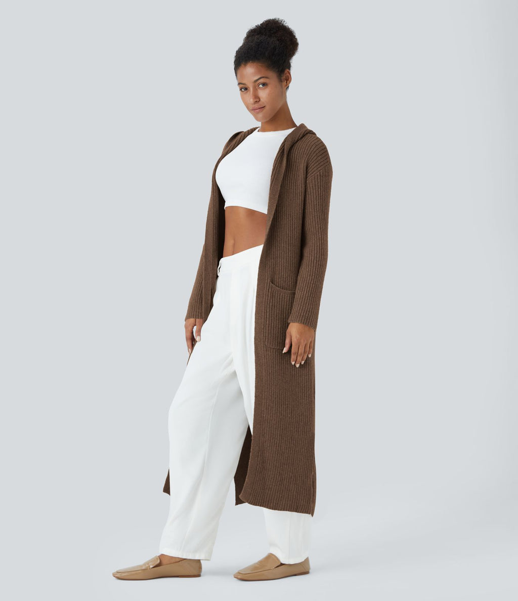 Cardigan long casual à capuche, manches longues et poches