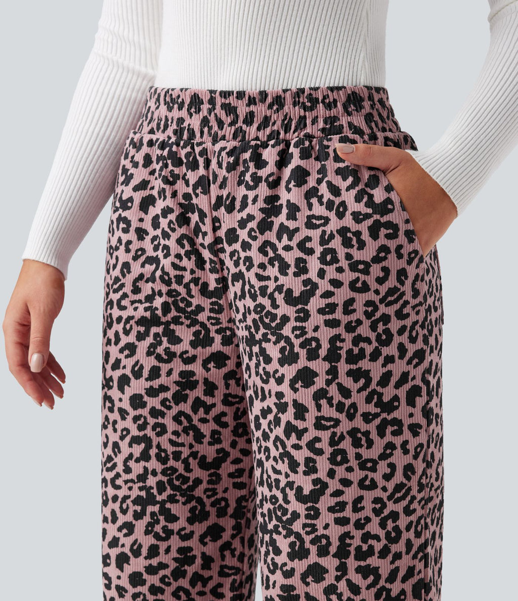 Pantalon léopard ample décontracté velours côtelé imprimé taille haute avec poches