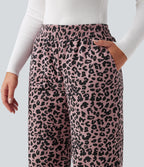 Pantalon léopard ample décontracté velours côtelé imprimé taille haute avec poches