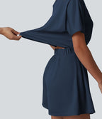 Combishort casual asymétrique manches courtes plissé en nid d'abeille avec poches - Édition Easy Peasy
