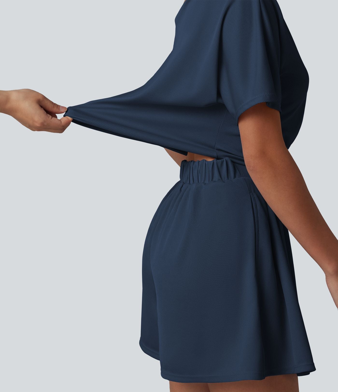 Combishort casual asymétrique manches courtes plissé en nid d'abeille avec poches - Édition Easy Peasy