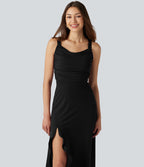Robe mi-longue fluide de soirée dos nu croisé avec fente, ourlet à volants et soutien-gorge intégré