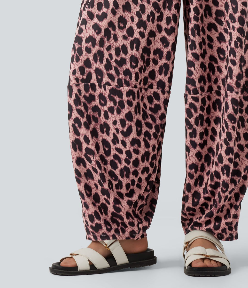 Jogging casual fluide gaufré imprimé léopard taille haute avec poches