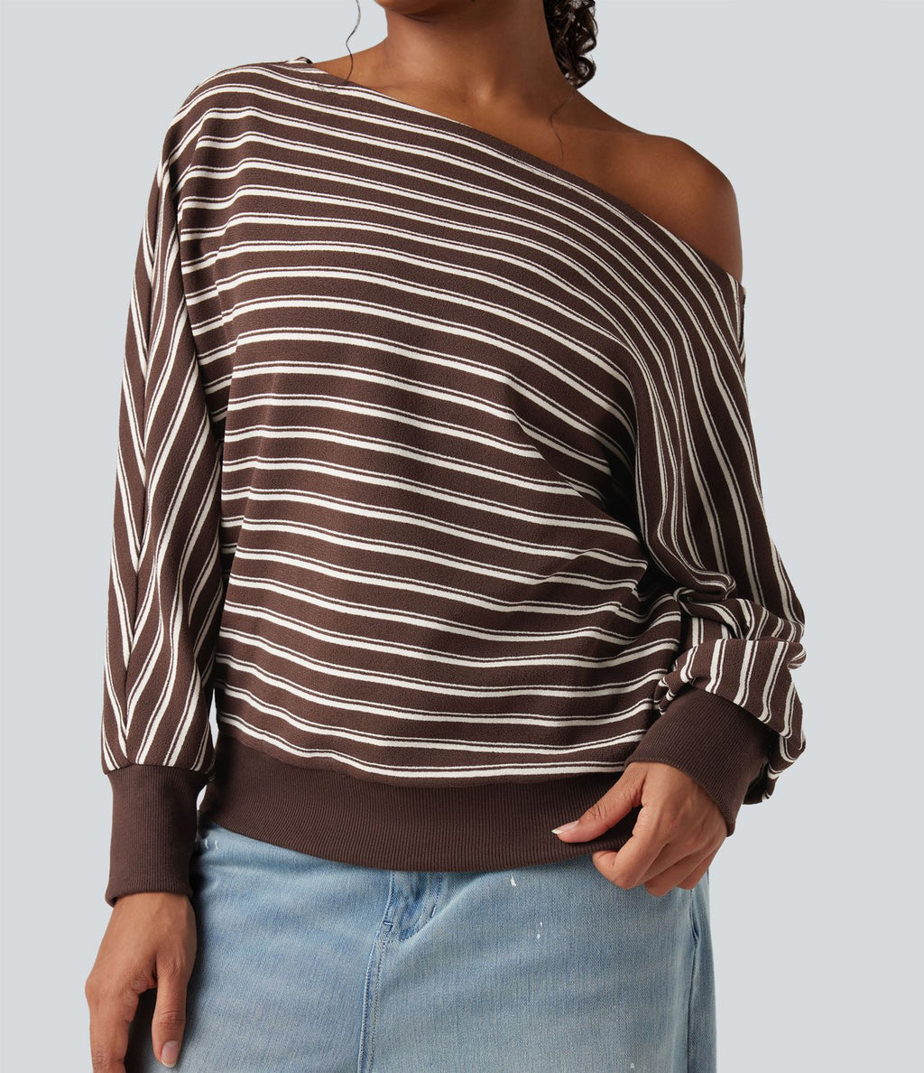 Sweat-shirt rayé épaules dénudées manches longues coupe décontractée