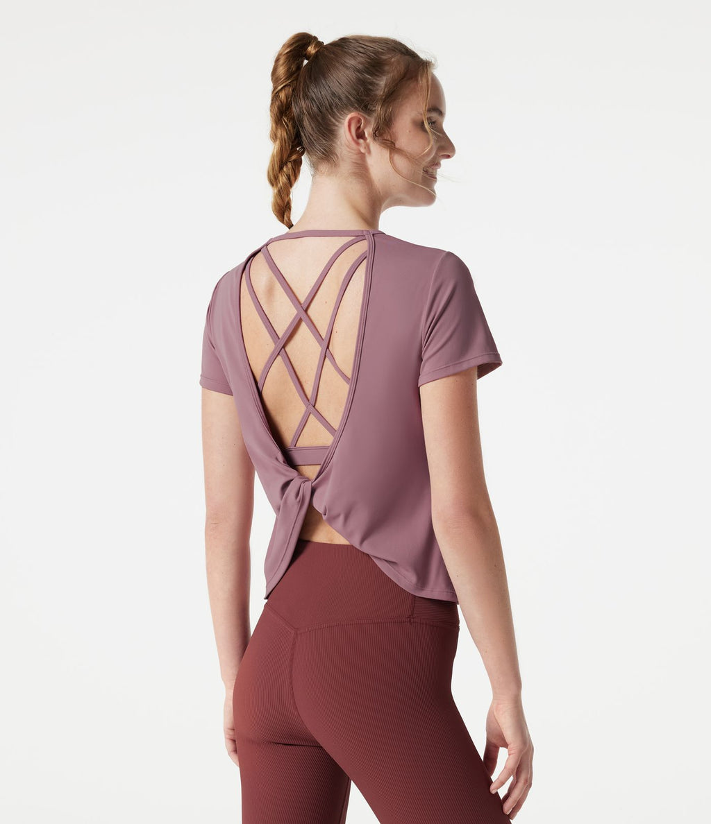 Haut de yoga col rond manches courtes avec brassière intégrée effet frais InstantCool séchage rapide, protection solaire UPF50+
