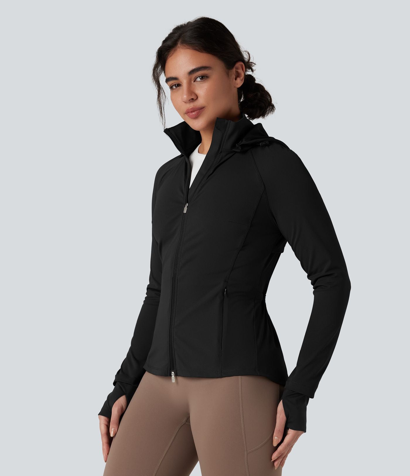 Veste randonnée capuche amovible double zip cordon de serrage avec trous pouces et poches