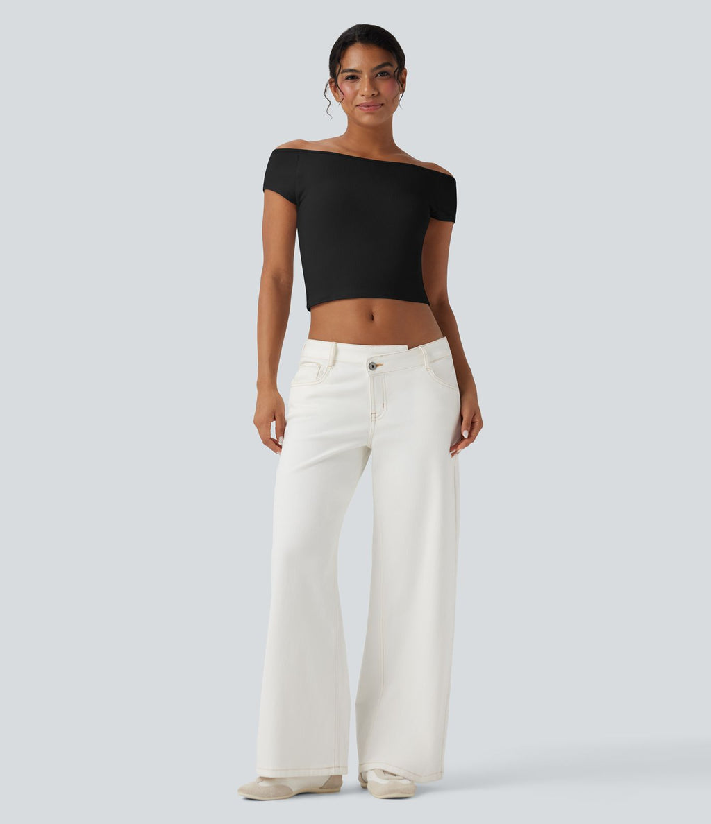 Haut casual crop tricot côtelé col bateau manches courtes