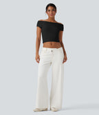Haut casual crop tricot côtelé col bateau manches courtes