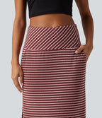 Jupe longue casual gainante taille haute à rayures et fente avec poches