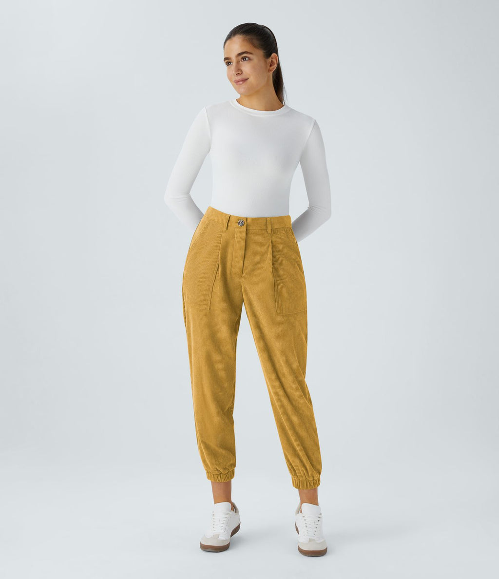 Pantalon décontracté en velours côtelé avec taille mi-haute, boutons et fermeture éclair