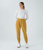 Pantalon décontracté en velours côtelé avec taille mi-haute, boutons et fermeture éclair