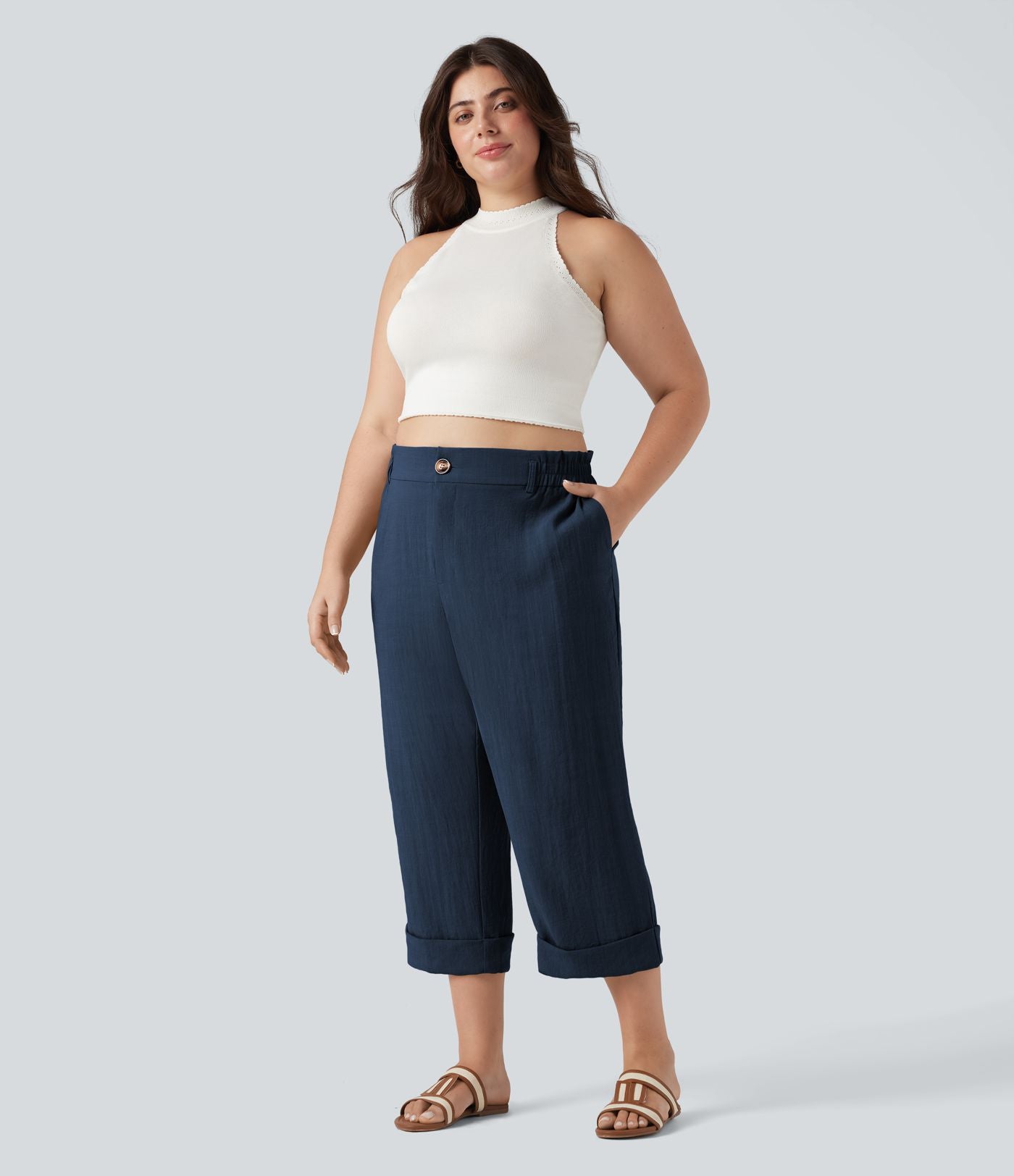 Pantalon de villégiature capri effet lin, grande taille, taille haute, avec poches