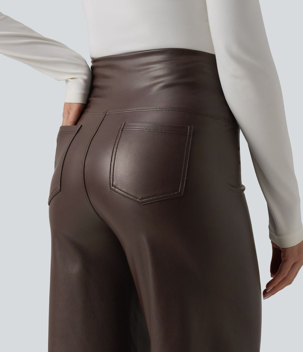 Pantalon large décontracté gainant taille haute extensible en molleton PU avec poches