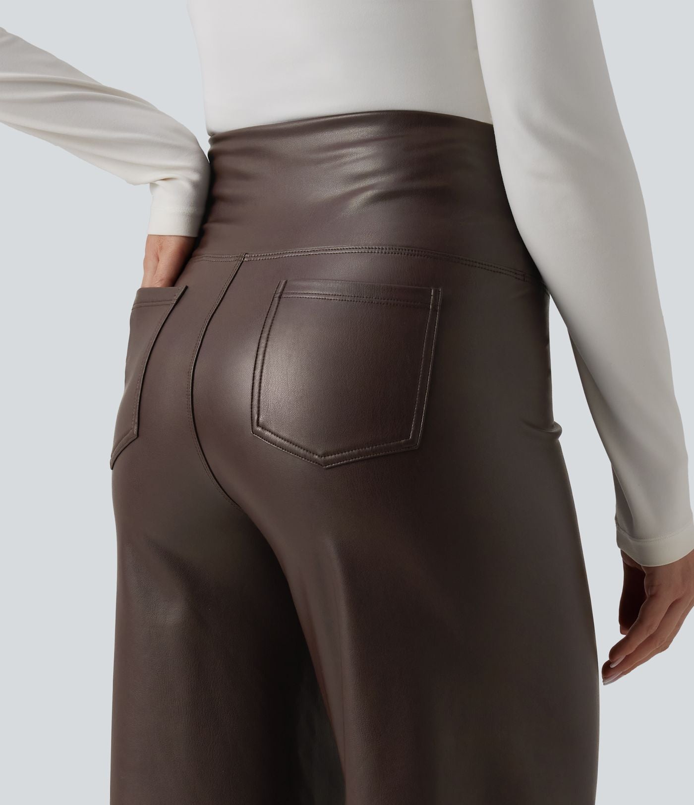 Pantalon large décontracté gainant taille haute extensible en molleton PU avec poches