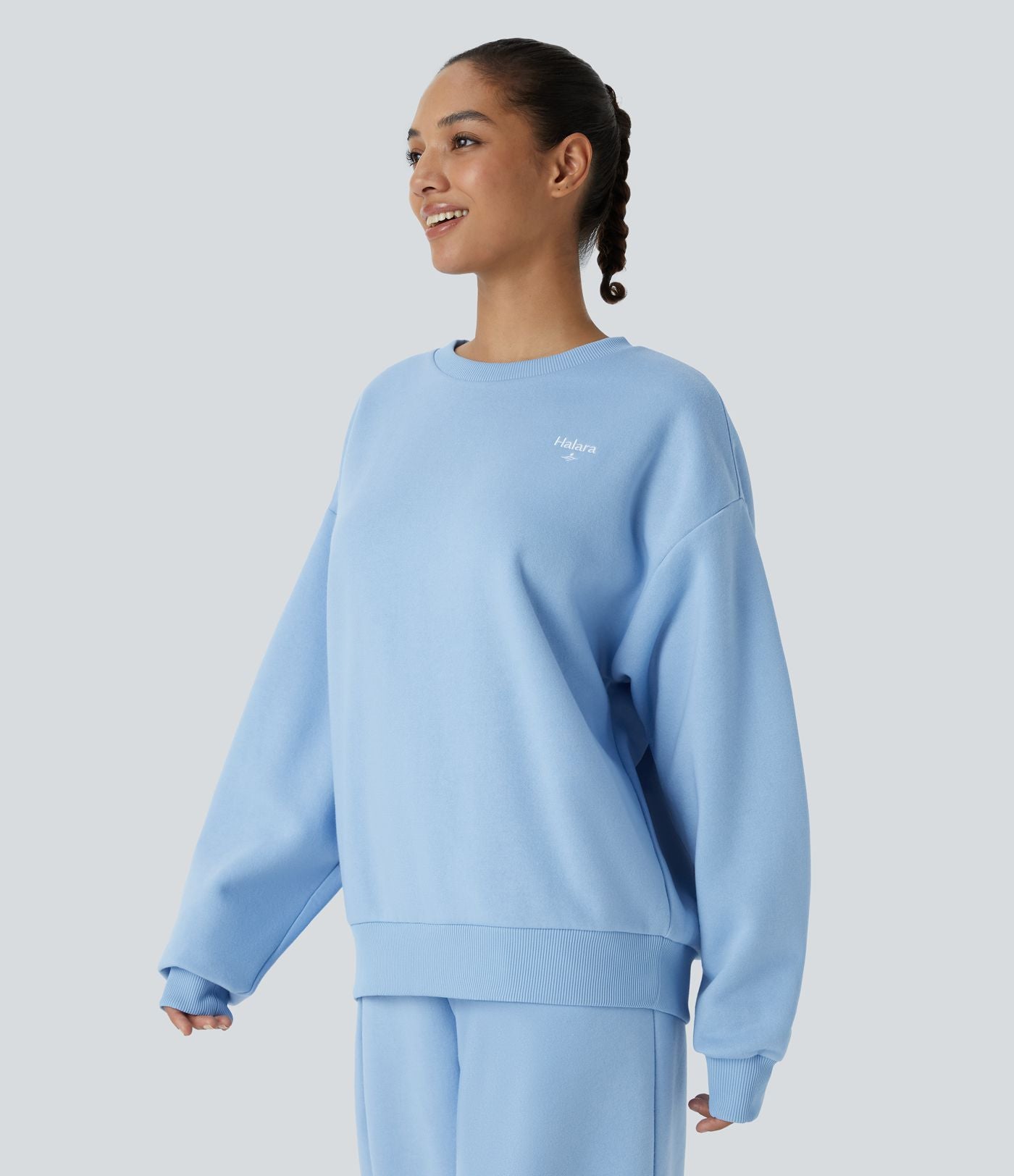 Sweat-shirt décontracté Halara oversize en polaire avec lettrage brodé et bords côtelés contrastés