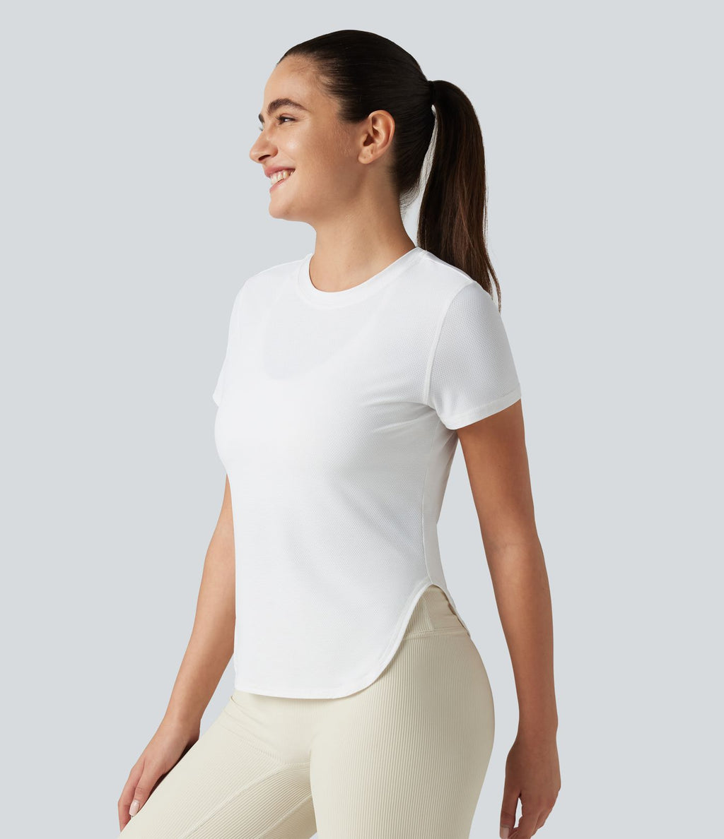 Haut de sport yoga col rond manches courtes ourlet arrondi en mesh respirant