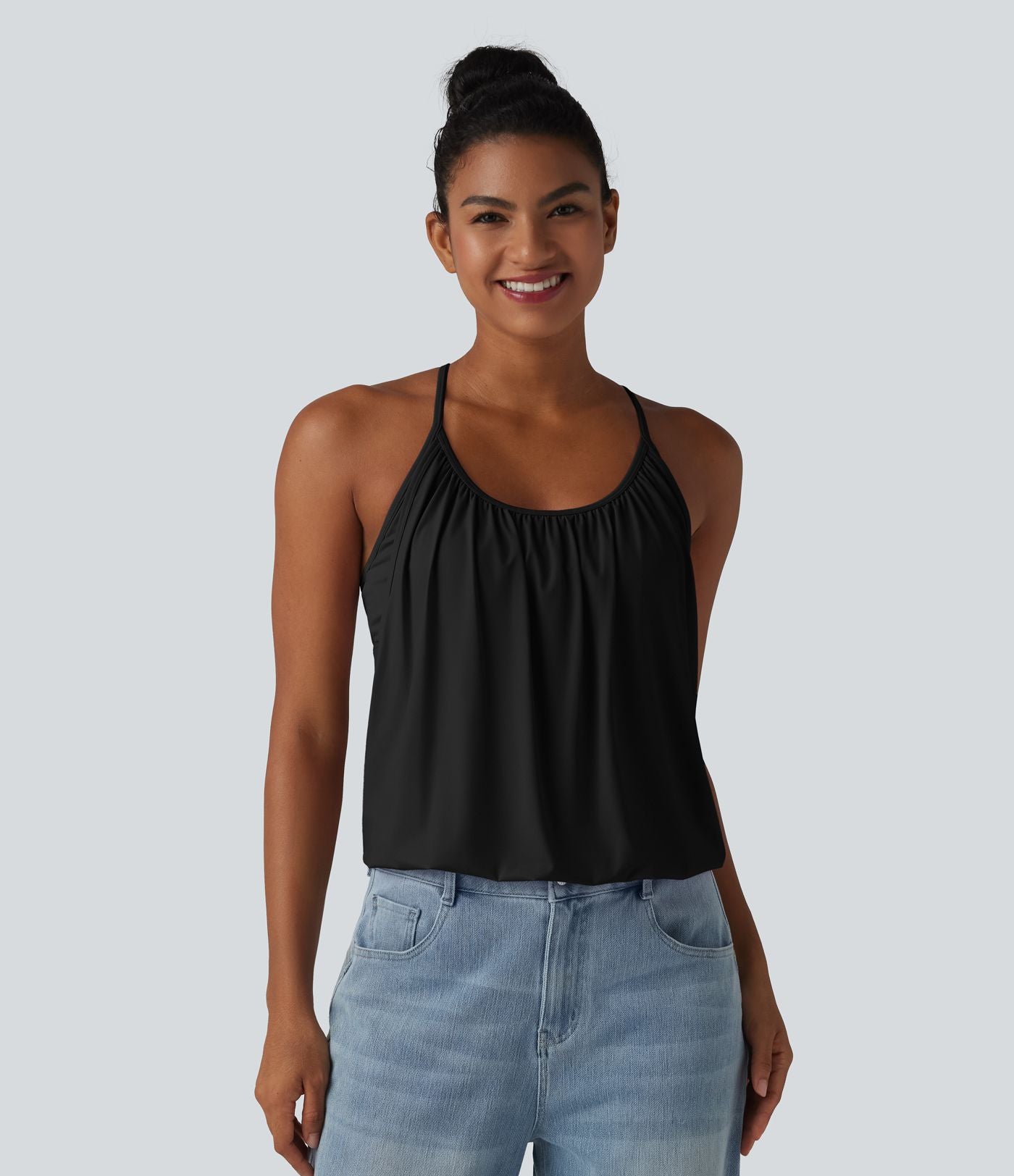 Débardeur décontracté col U froncé 2-en-1 avec brassière intégrée effet frais InstantCool séchage rapide, protection solaire UPF50+