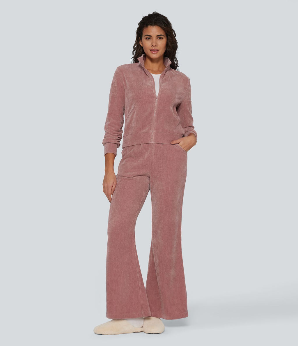 Pantalon de détente évasé en velours taille haute avec cordon de serrage et poches