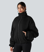 Doudoune casual zippée à col montant et manches longues avec poches