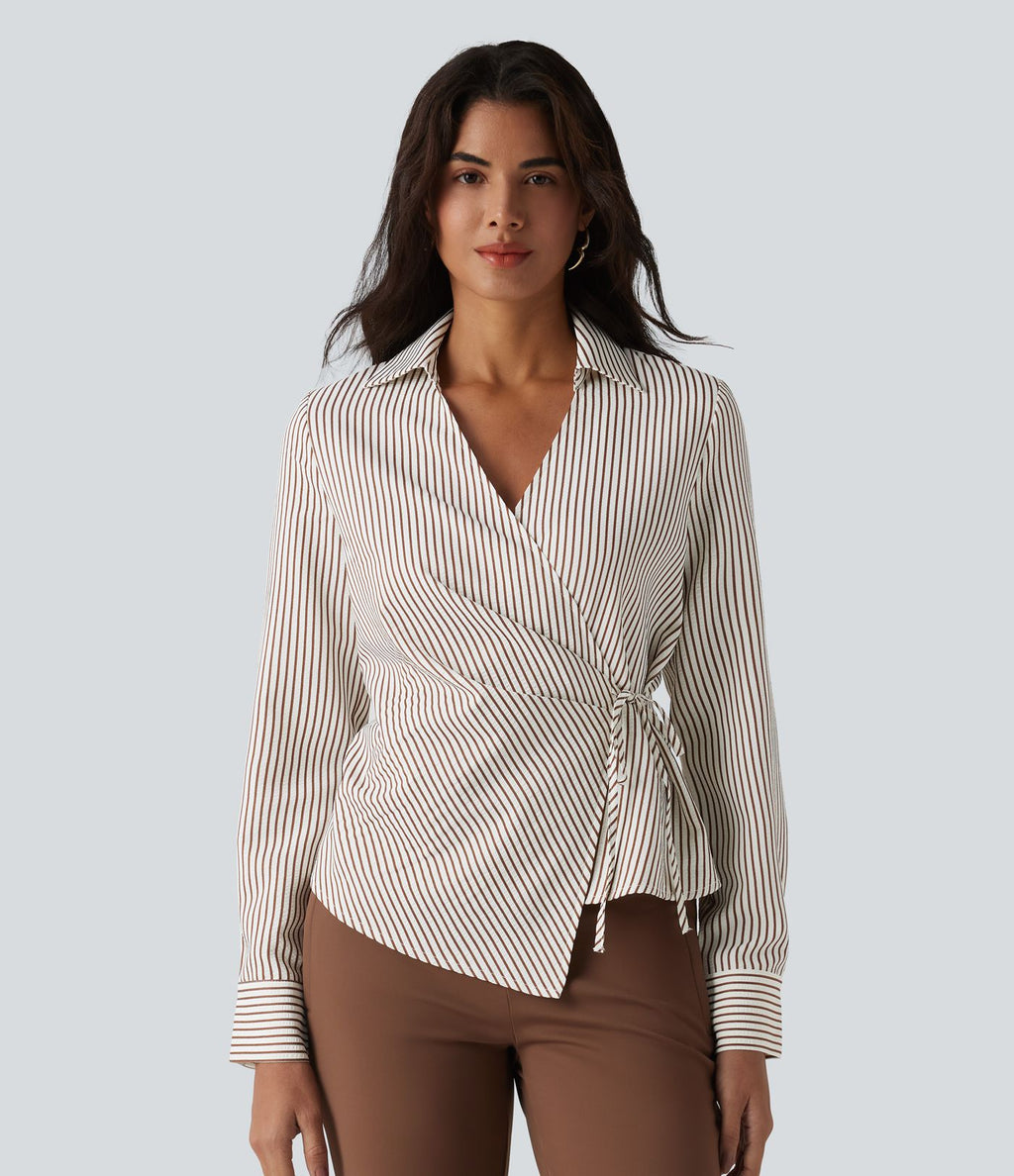 Chemise tailleur portefeuille manches longues à rayures et nœuds latéraux