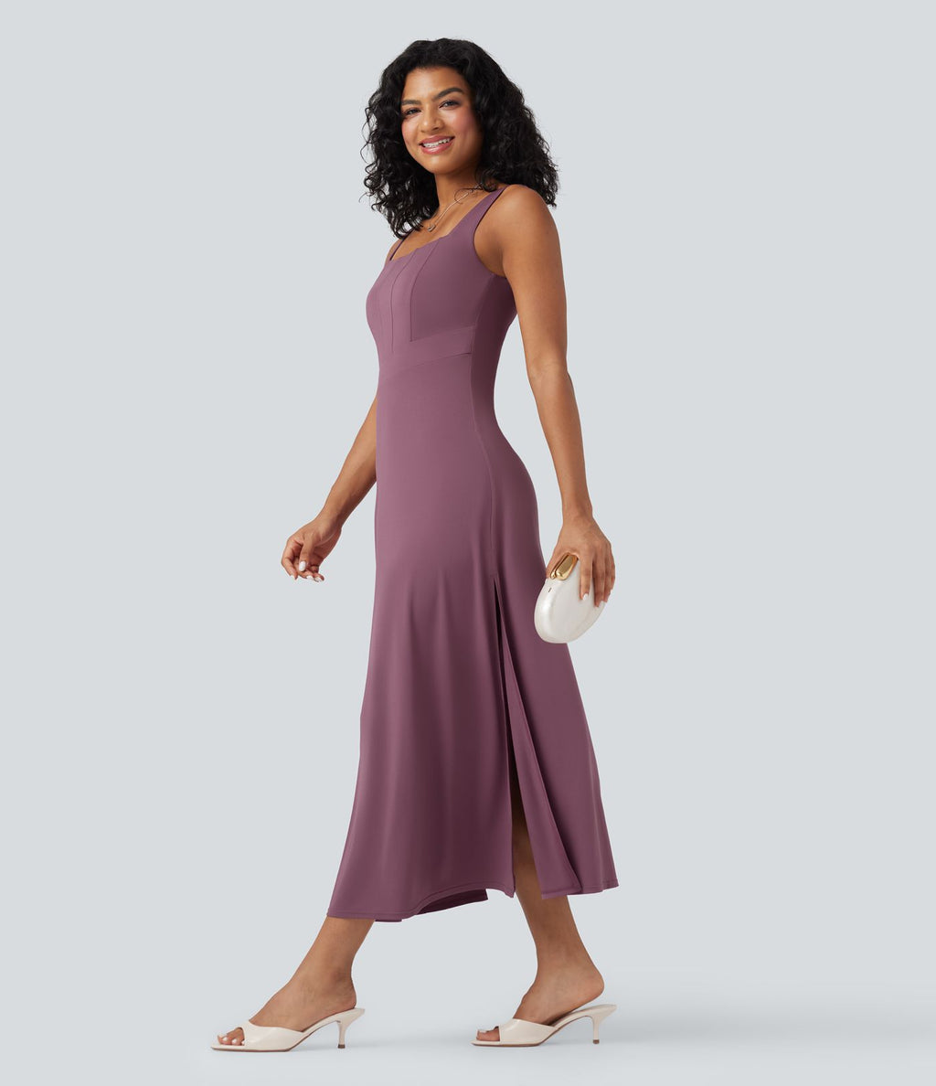 Robe midi sans manches à encolure carrée et dos échancré avec fente