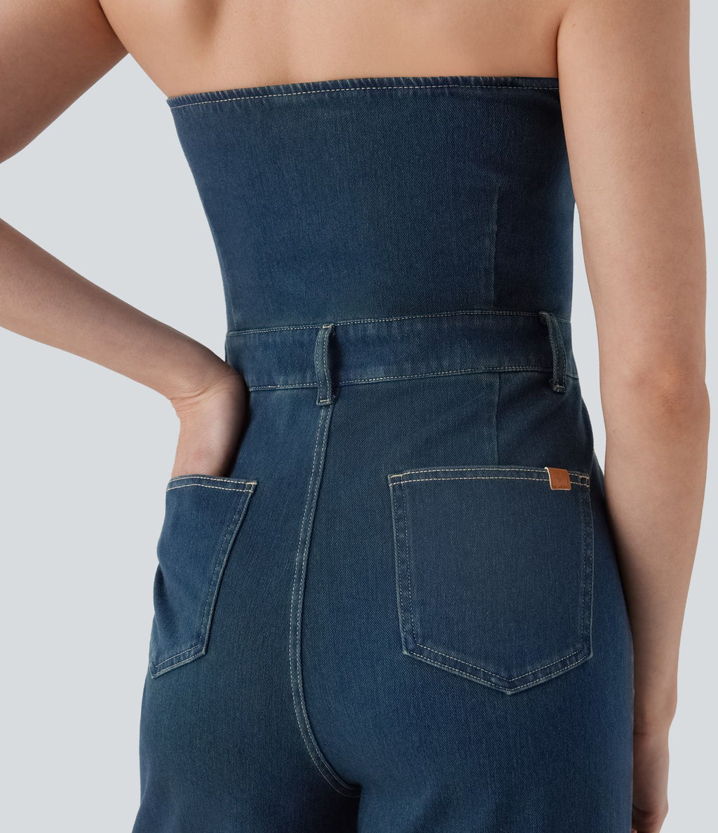Combinaison décontractée Halara Flex™ col licou dos nu jambes larges en denim maille extensible avec multiples poches