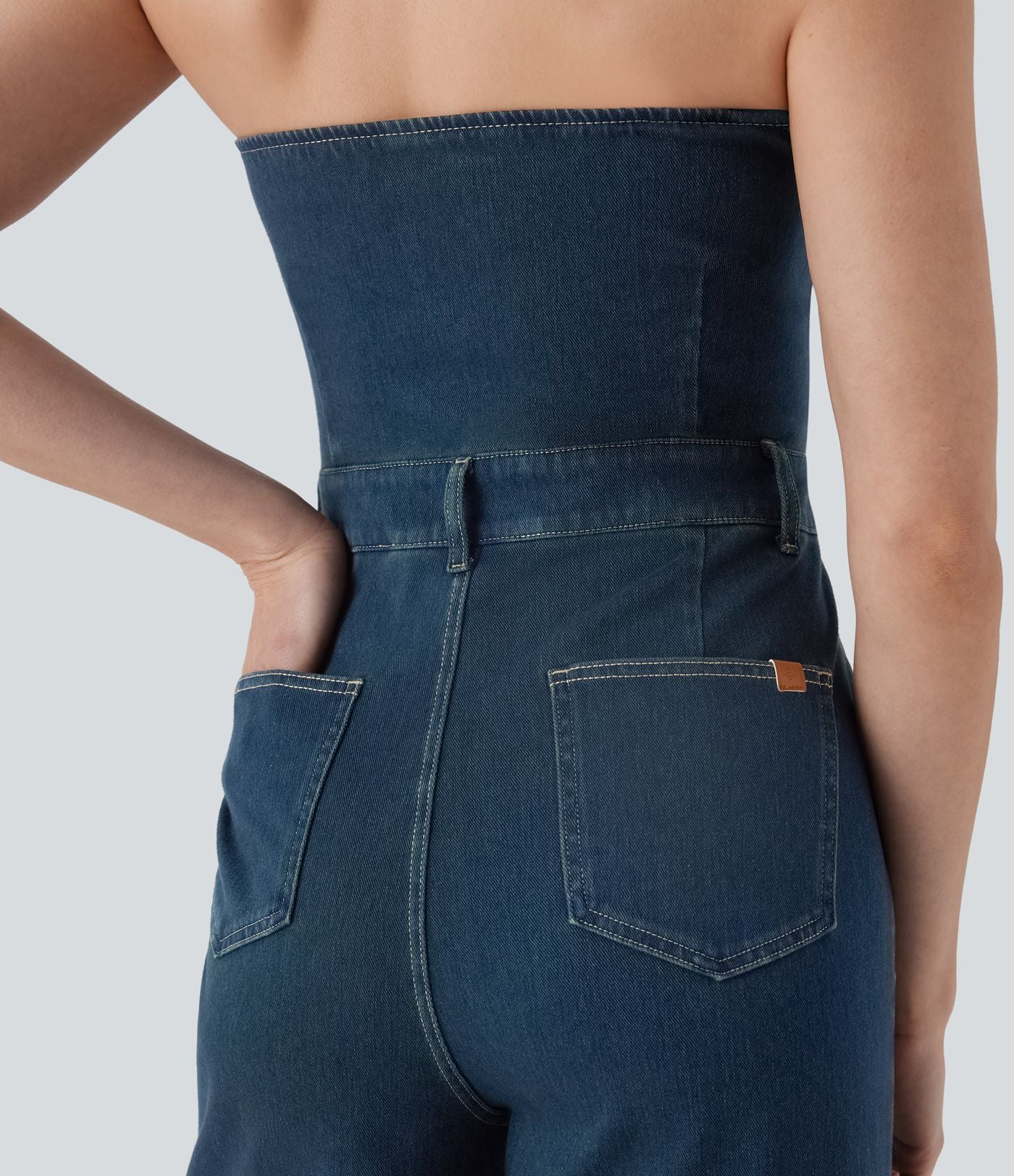 Combinaison décontractée Halara Flex™ col licou dos nu jambes larges en denim maille extensible avec multiples poches