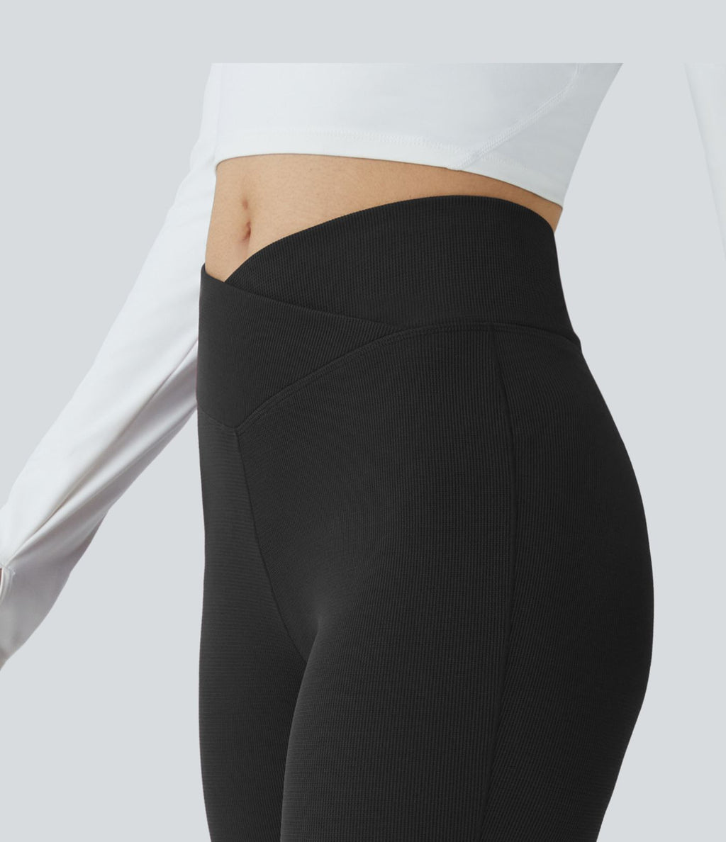 Pantalon décontracté évasé en maille gaufrée, taille haute, avec poches croisées