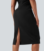 Robe mi-longue moulante tailleur col rond sans manches