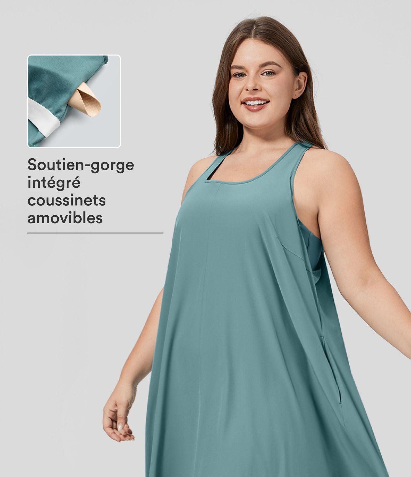 Breezeful™ Dos Nu Racerback Poche Latérale Haut Bas Fluide Midi Séchage Rapide Décontracté Robe Grande Taille