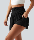 Short 2-en-1 taille haute gainant avec détails froncés, mesh contrasté avec poches, 7,5 cm