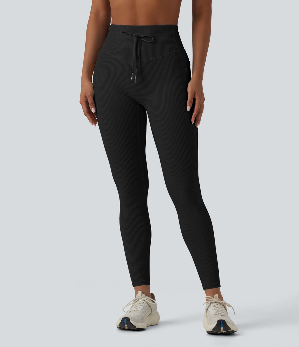 Legging de sport maille côtelée gainant à séchage rapide taille haute avec cordon de serrage et poches - UPF50+