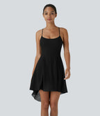 Robe de sport danse mini 2-en-1 laçage asymétrique résille contrastante fluide avec poche A-D