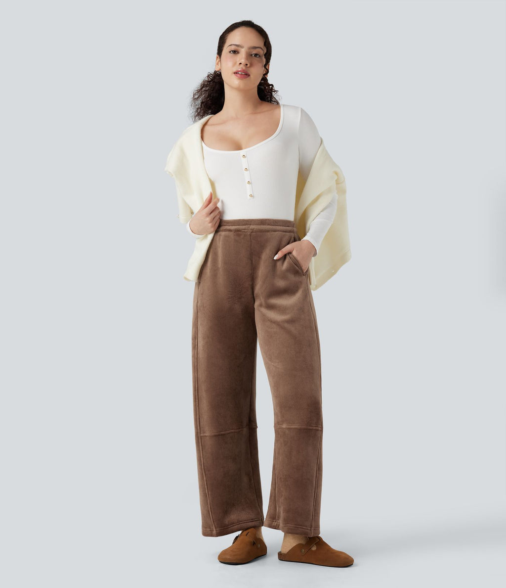 Pantalon barrel polaire côtelé taille mi-haute avec poches