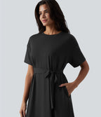 Robe T-shirt casual midi fluide col rond manches courtes avec ceinture et poches