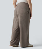 Grande taille Pantalon casual large taille haute ventre plat en maille côtelée, cordon de serrage et poches