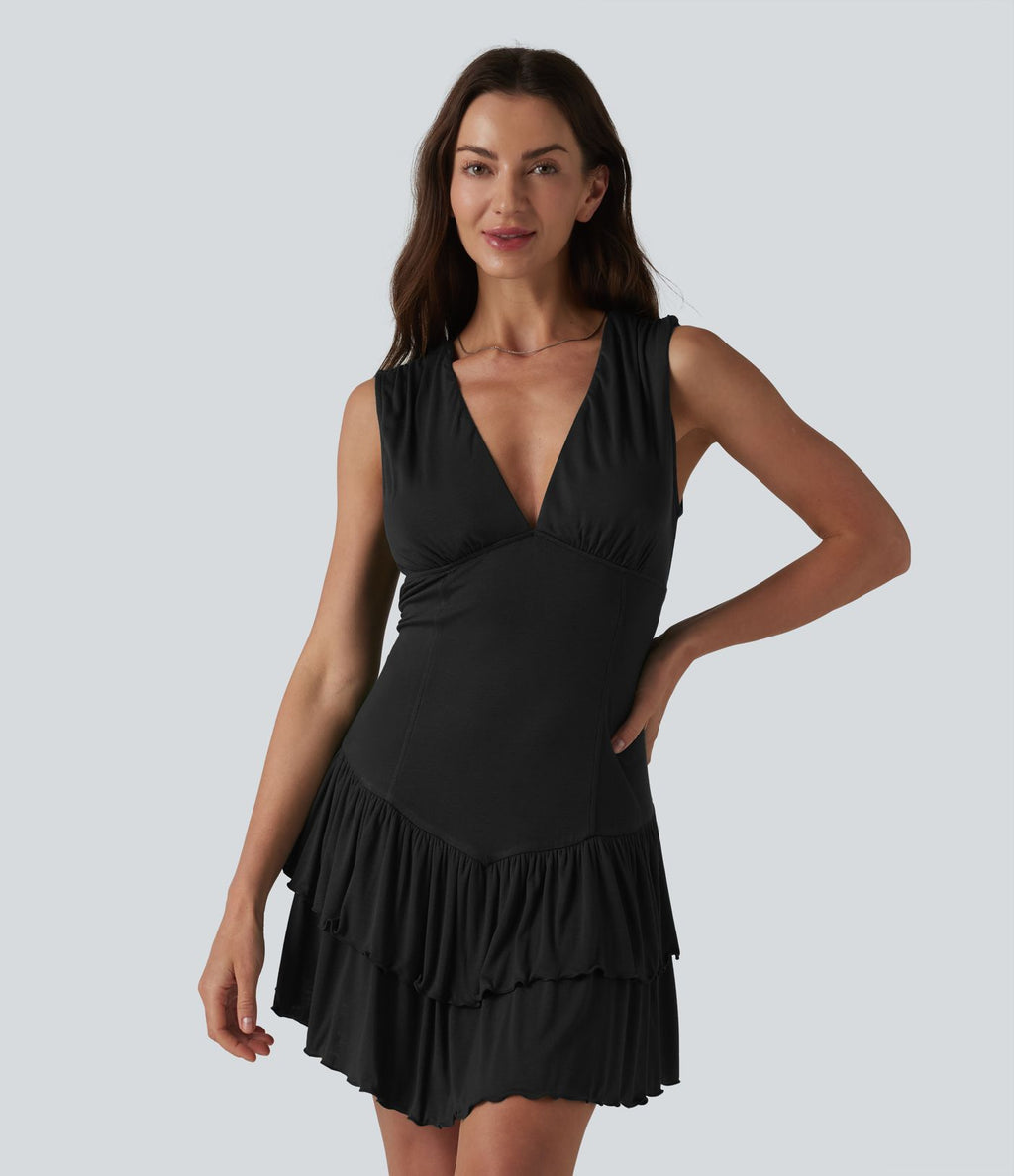 Robe mini en maille côtelée col V sans manches ourlet à volants superposés