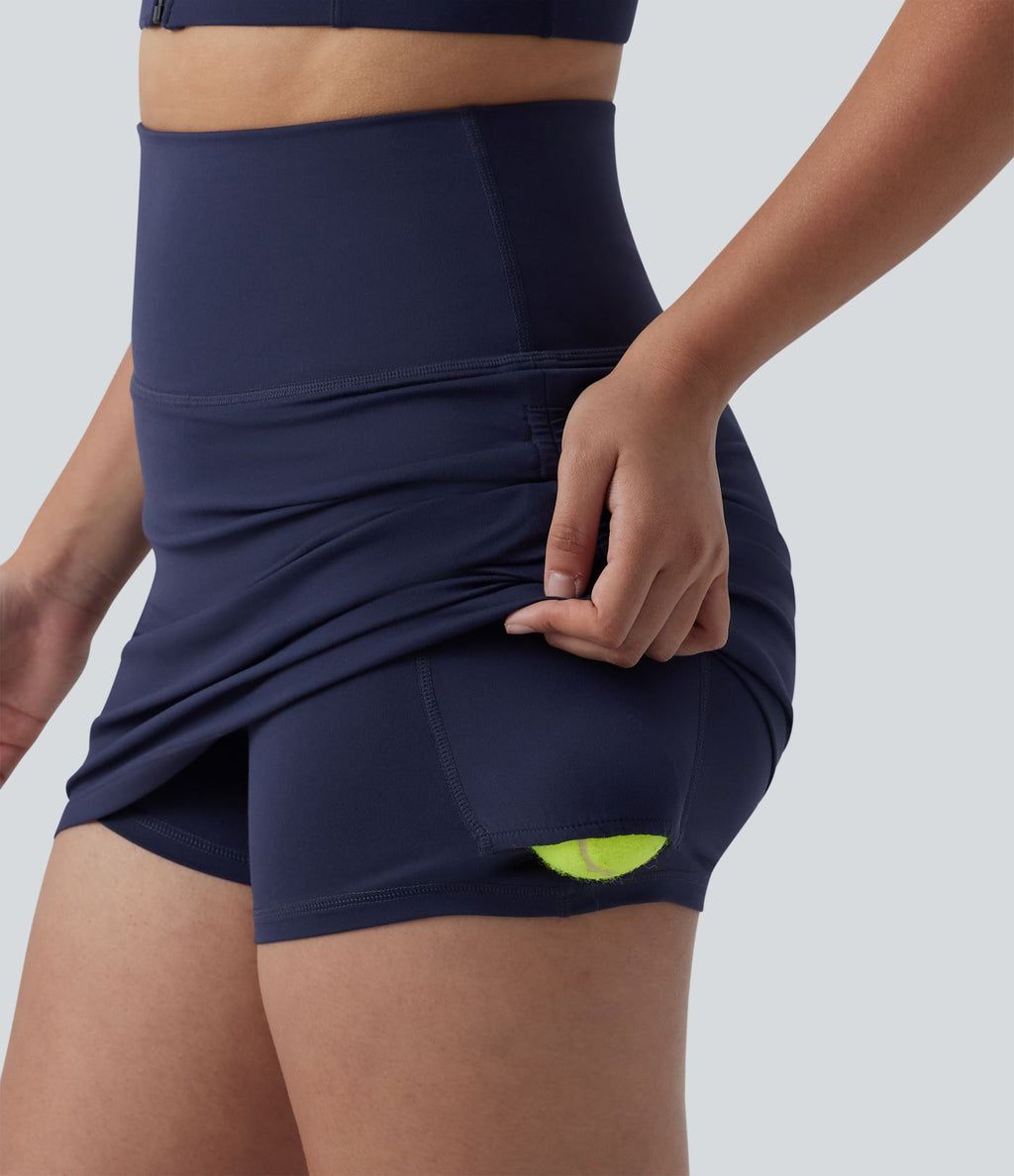 SoftlyZero™ Jupe de tennis mini moulante 2-en-1 ventre plat taille haute froncée avec poches - UPF50+