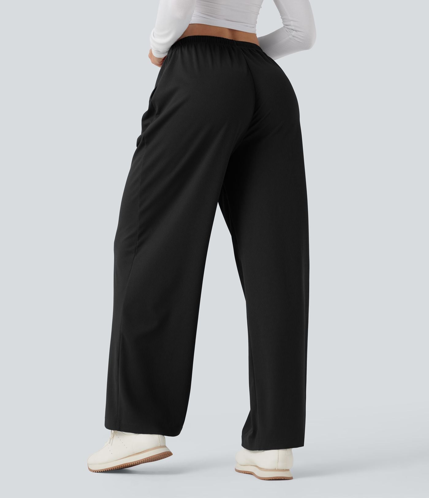 Pantalon de yoga tissu gaufré taille mi-haute jambe droite avec cordon de serrage et poches