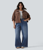 Jean large Halara Flex™ ample casual délavé taille haute asymétrique grande taille avec poches