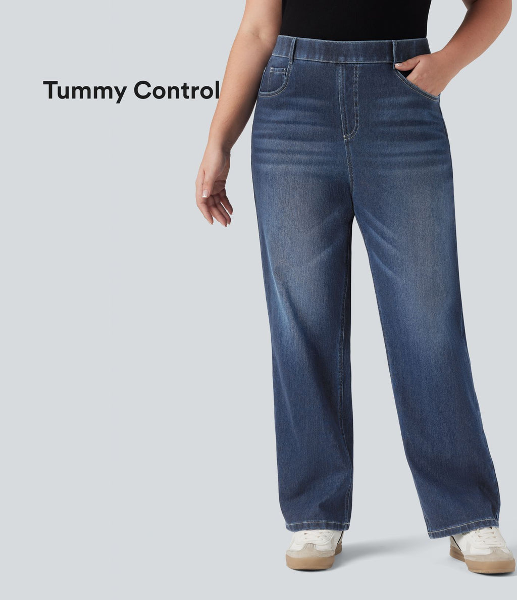 Jean droit décontracté délavé gainant taille haute grande taille avec poches Halara Flex™