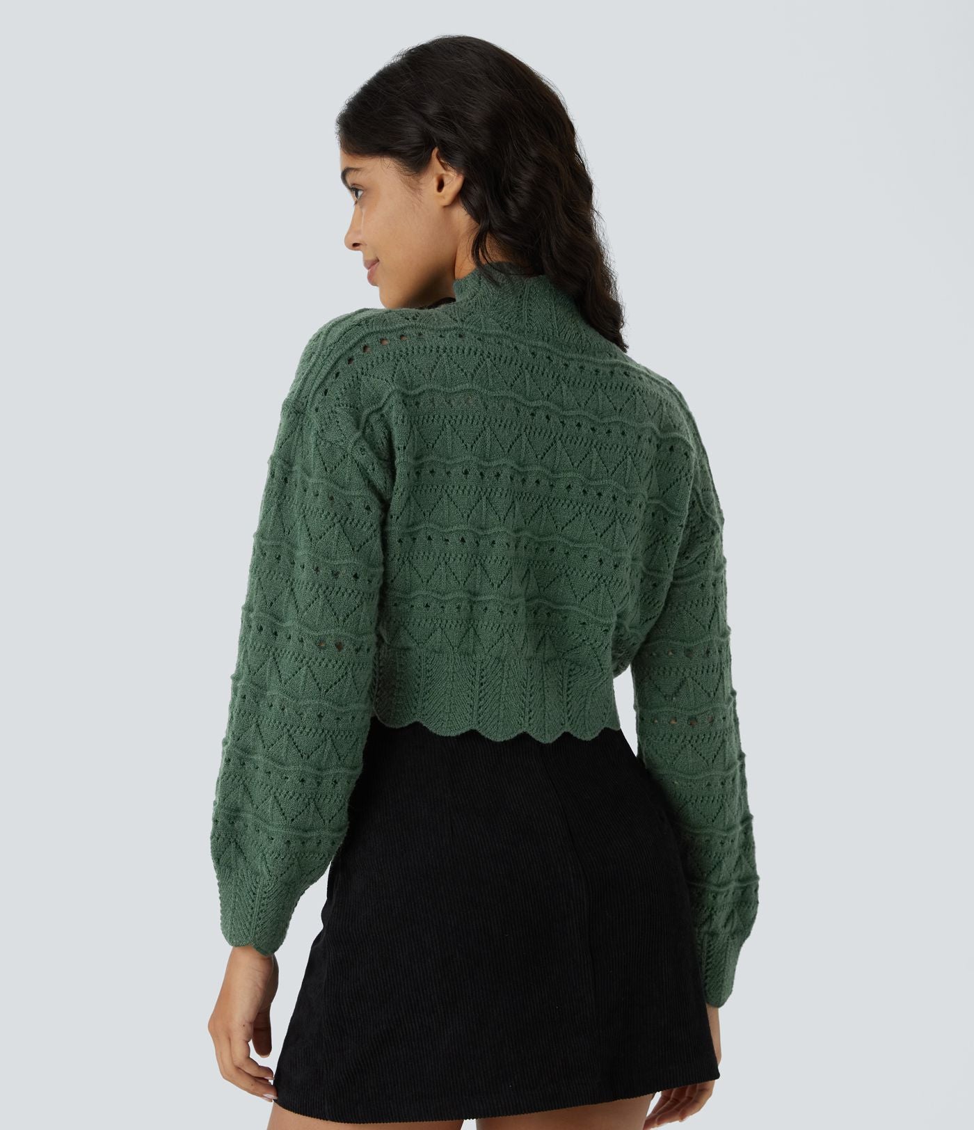 Pull décontracté à col montant, manches évêque, ourlet festonné et maille ajourée
