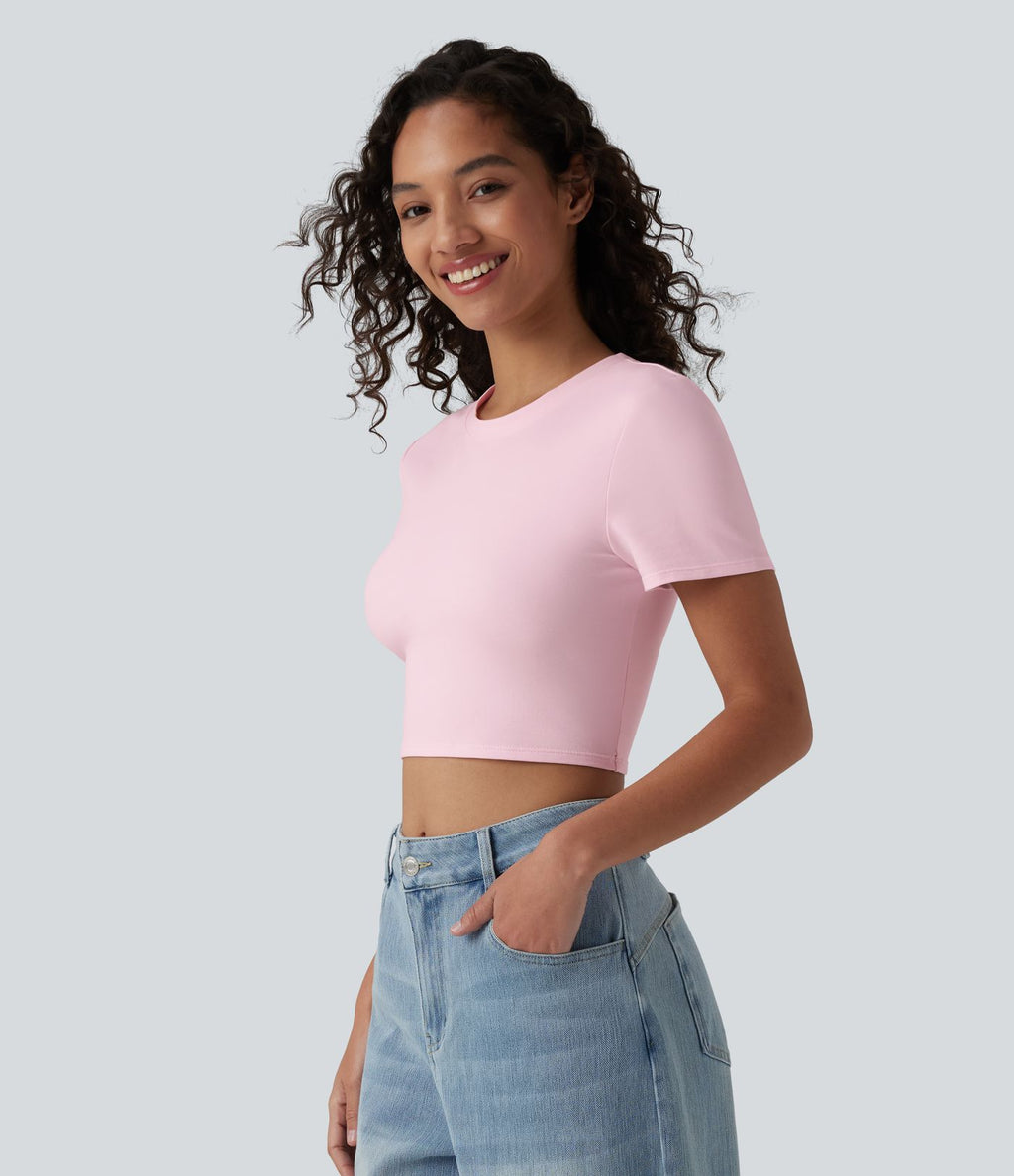 Crop-top Halara décontracté en jersey de coton, col rond, manches courtes