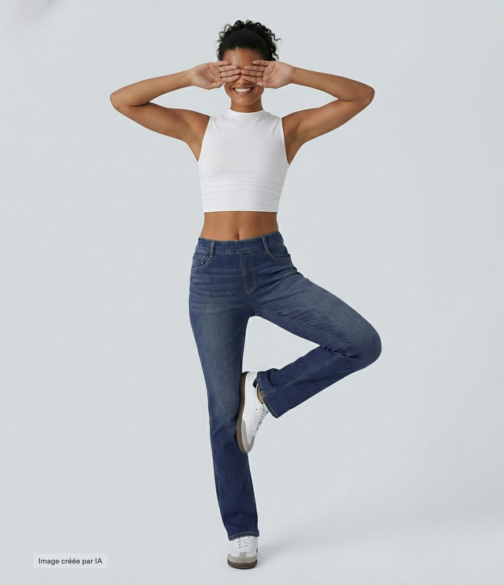 Halara Flex™ Jeans bootcut Casual Taille Haute Multiples Poches Lavés Élastiques et Tricotés Coupe