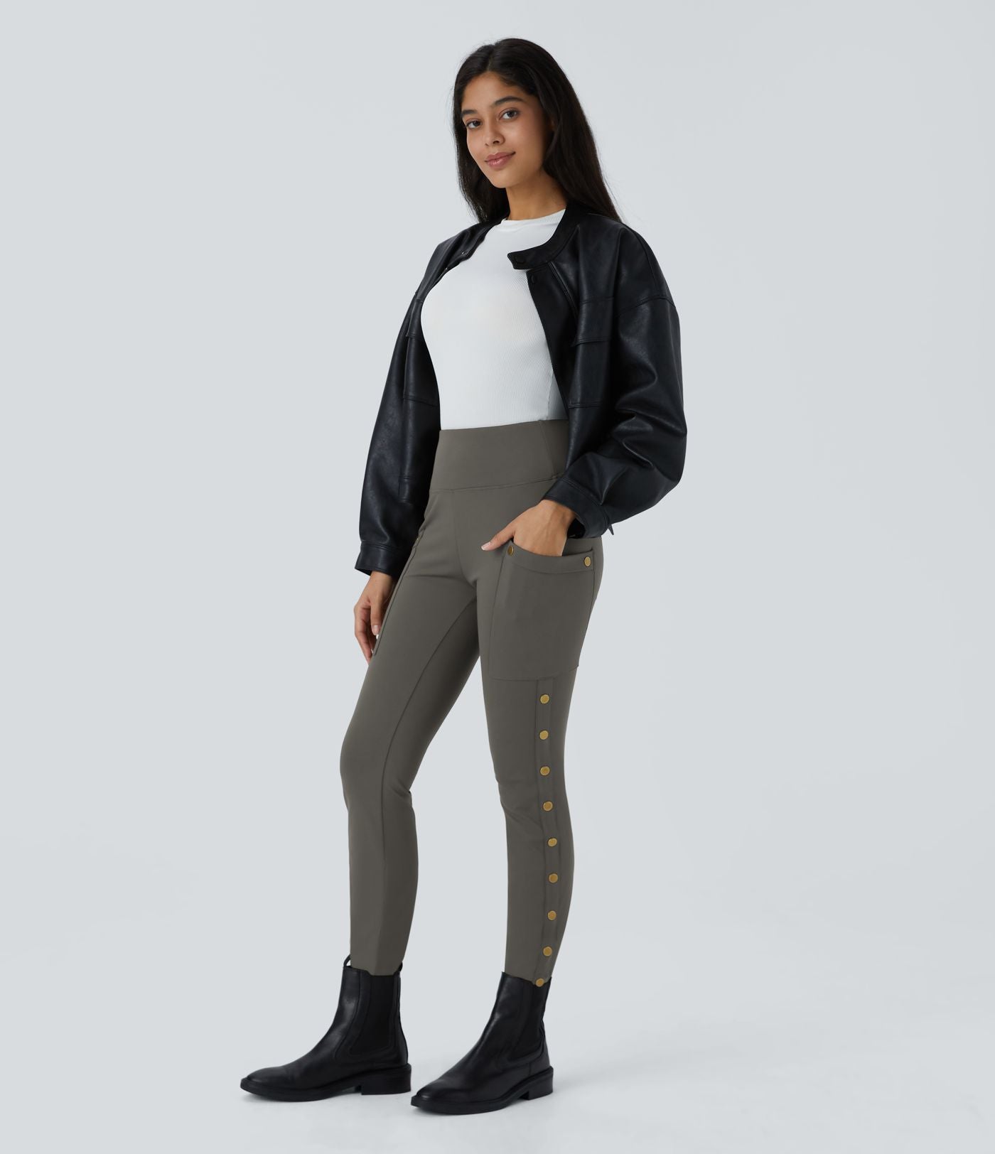 Pantalon taille haute ajusté longueur cheville avec poches décoratives DayStretch