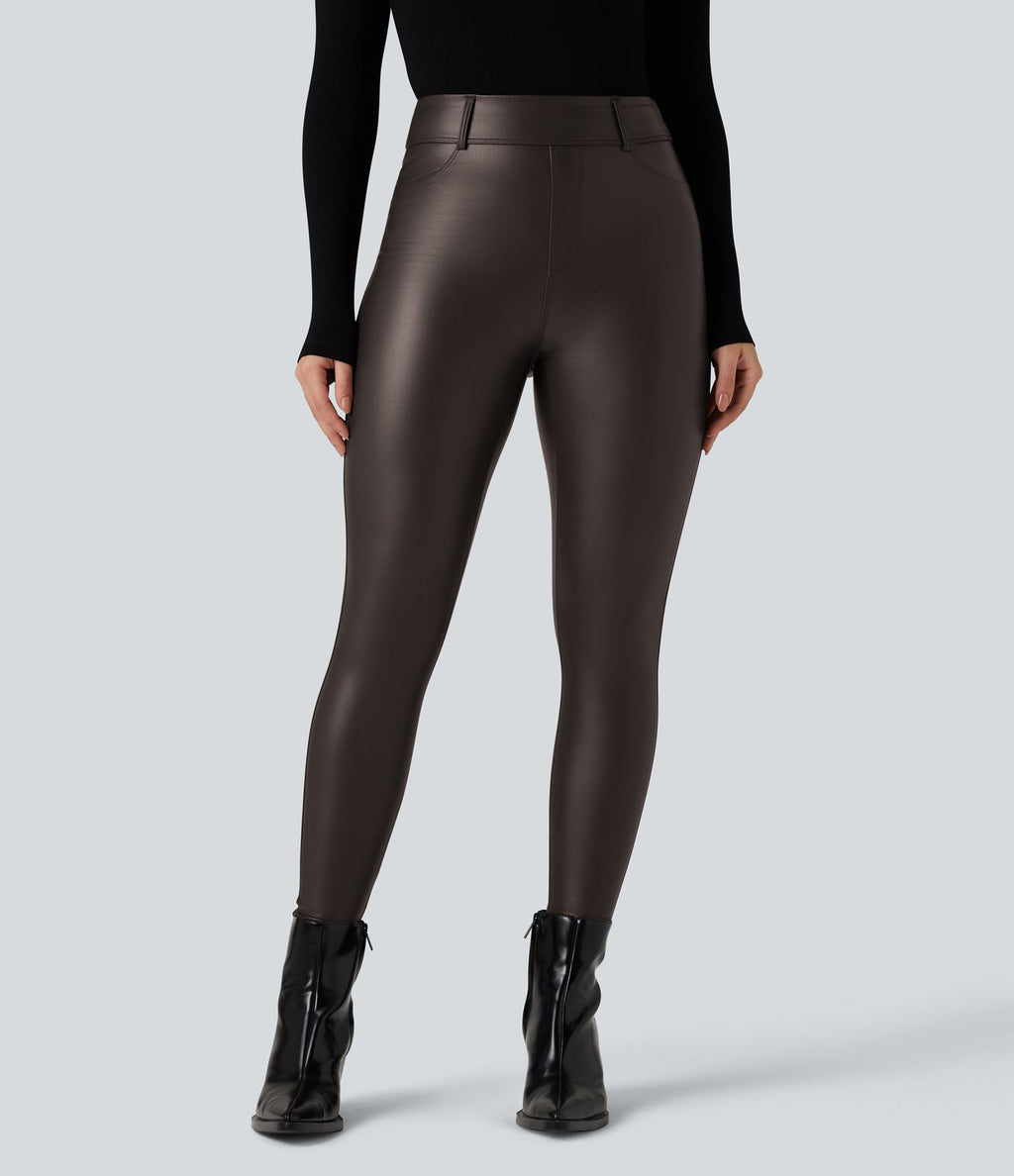 Pantalon polaire simili cuir extensible taille haute avec poches