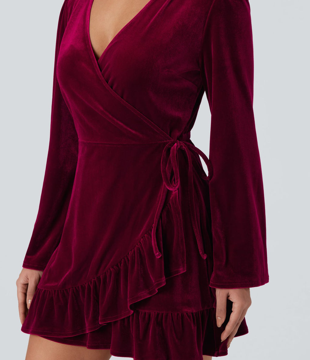 Robe mini velours portefeuille col V volants manches longues